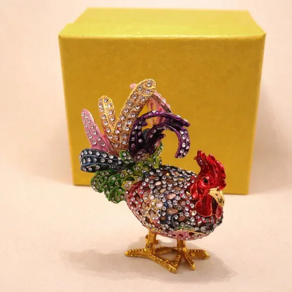 Jeweled Rooster Hinged Trinket Box NIB Enamel Rhinestone Tchotchke Décor 🐓